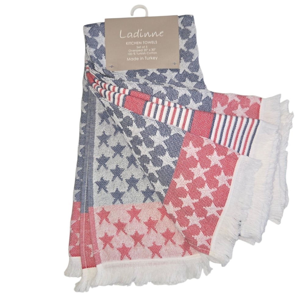 Laddine Turkey Cotton Kitchen Towel Set 3pc Stars And Stripes Patriotic July 4th